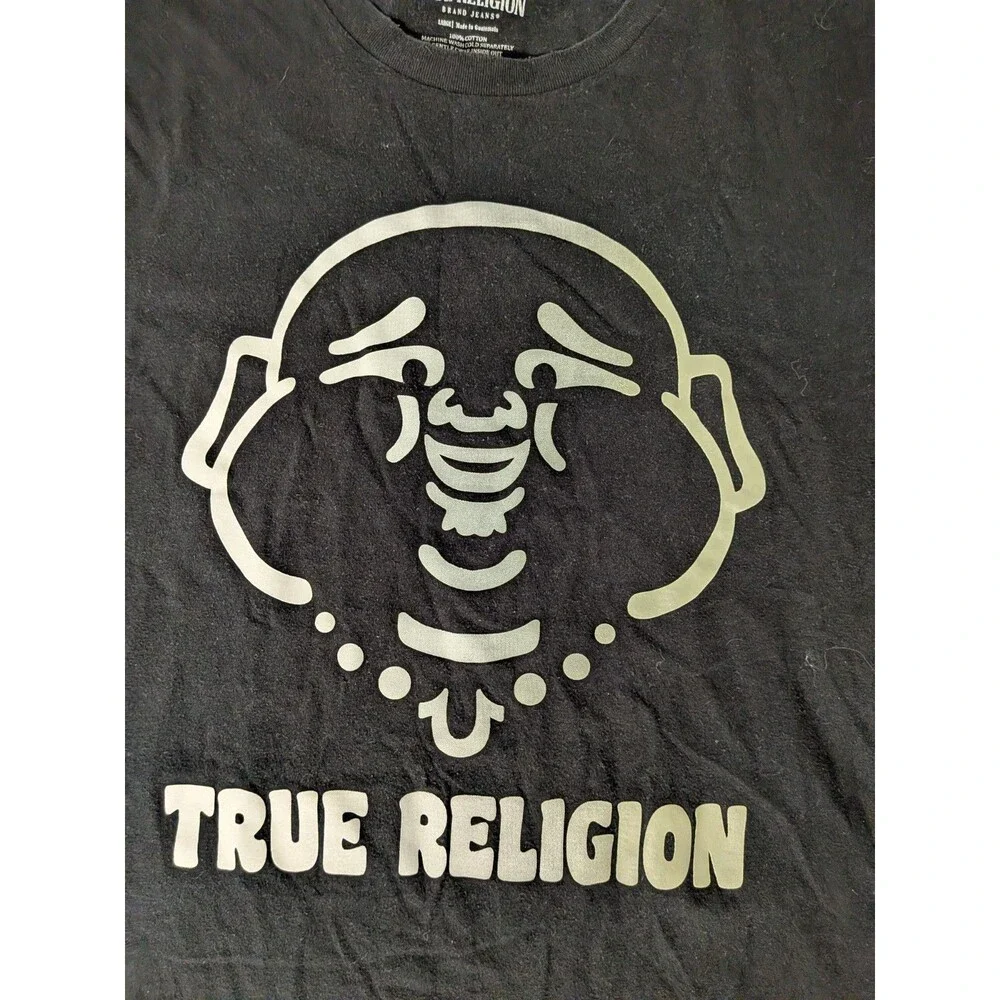 TRUE RELIGION BUDDHA Face T Shirt Size L Tee Mens LOGO Cotton Crew Black